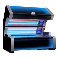 Open commercial sunbed with blue tanning lamps